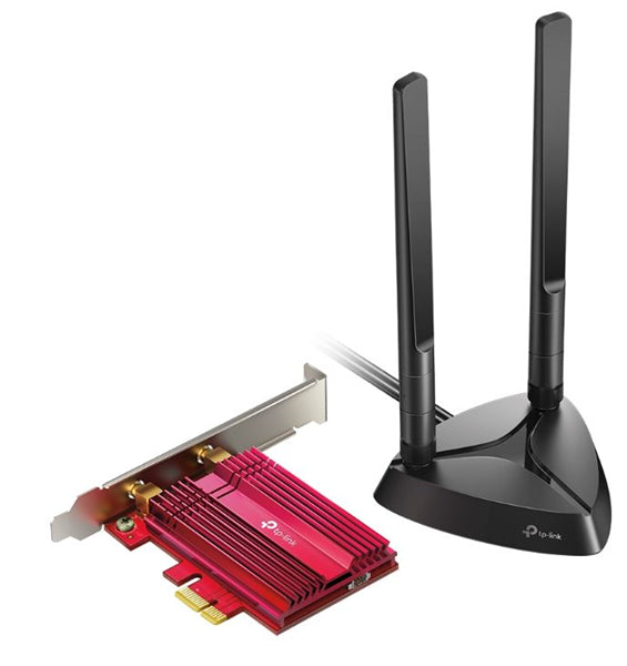 TP-Link Archer TX3000E PCIe adapter with Wi-Fi 6 and Bluetooth 5.0, featuring dual antennas for superior gaming connectivity.