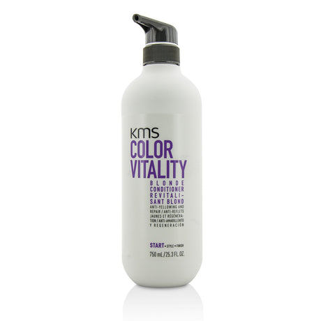 KMS California Color Vitality Blonde Conditioner in 750ml, anti-yellowing, repairs hair, and enhances blonde vibrancy.