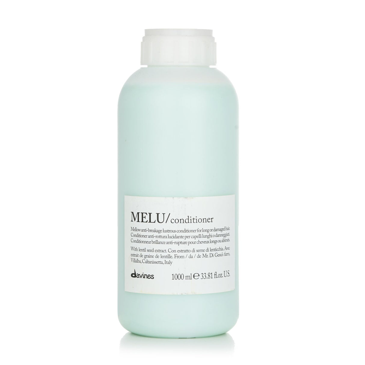 Davines Melu Conditioner in a 1000ml bottle, designed for nourishing and repairing long or damaged hair, promotes softness and shine.