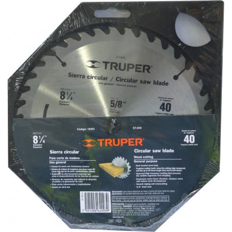 Truper 210mm T.C. Tip Saw Blade with 40 teeth, crafted for precision cutting in construction wood, ideal for circular saws.