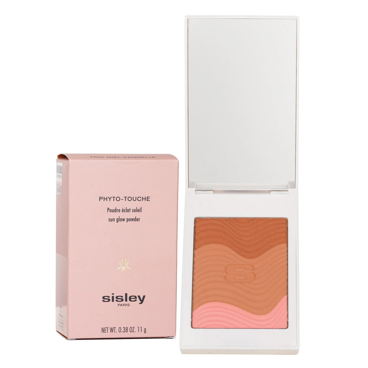 Sisley Phyto Touche Sun Glow Powder in Trio Miel Cannelle, featuring golden shades and blush for a radiant, sun-kissed glow.