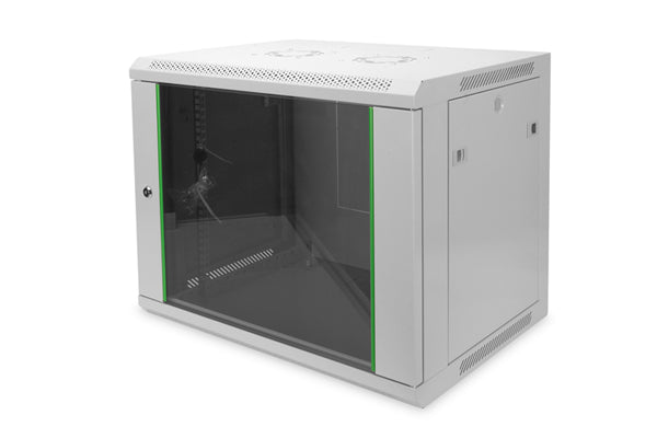 Digitus 9U wall-mount server cabinet, robust steel, lockable glass door, 19" rack space, optimized for ventilation and security.