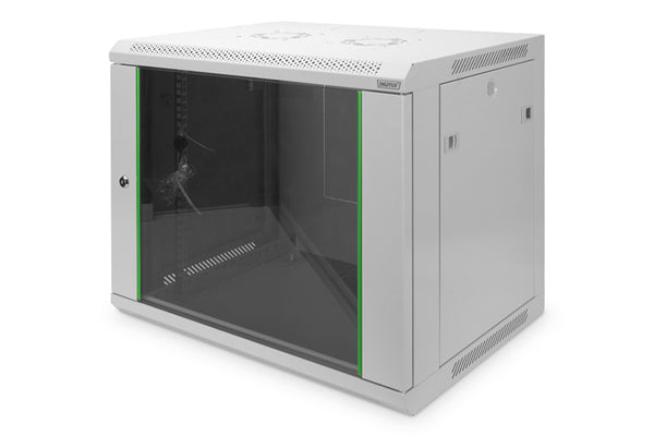 Digitus 12U Wall Mount Server Cabinet in grey with safety-glass door, 600x450x638mm, for secure IT equipment storage.