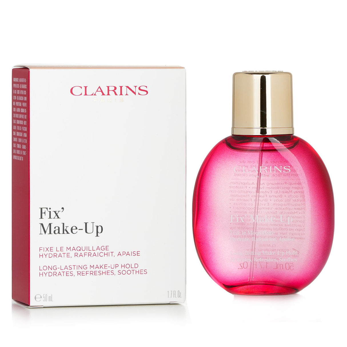 Lightweight hydrating makeup mist from Clarins, enhances longevity, infused with aloe vera and rose water for a radiant finish.