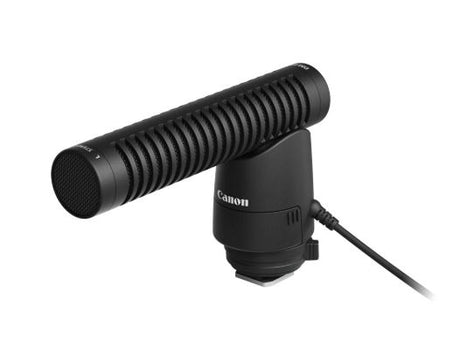 Canon DM-E1 microphone for EOS cameras, featuring 90°/120° recording patterns and a shock mount for superior audio clarity.