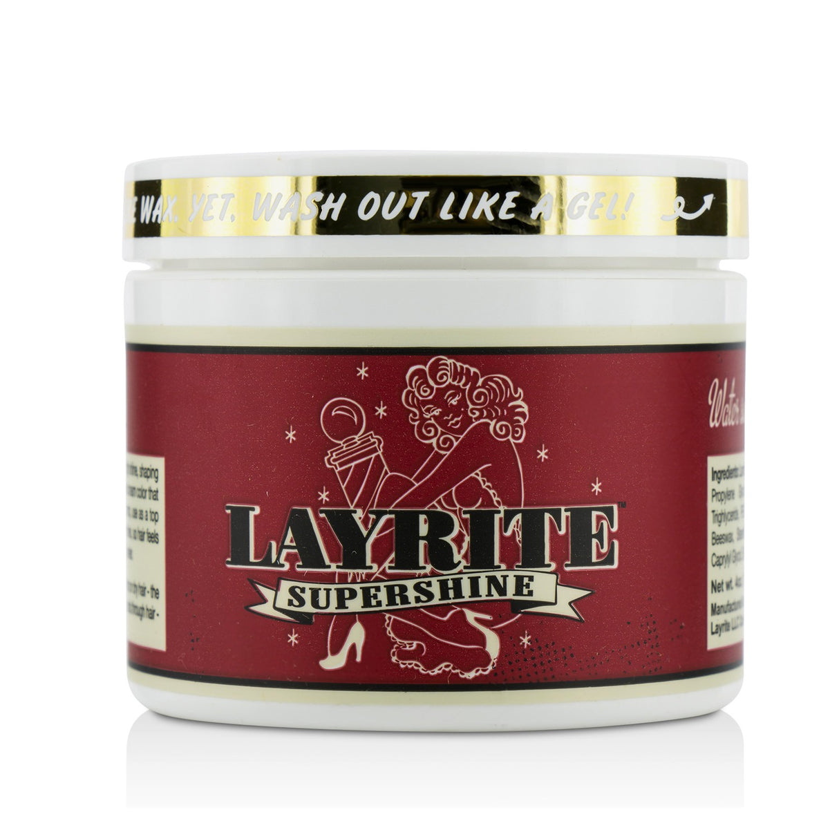 Layrite Supershine Cream in 120g jar for polished hairstyles, offering medium hold, high shine, and a refreshing vanilla scent.