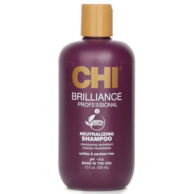 CHI Deep Brilliance Olive & Monoi Neutralizing Shampoo in a 355ml bottle, ideal for restoring and hydrating chemically-treated hair.