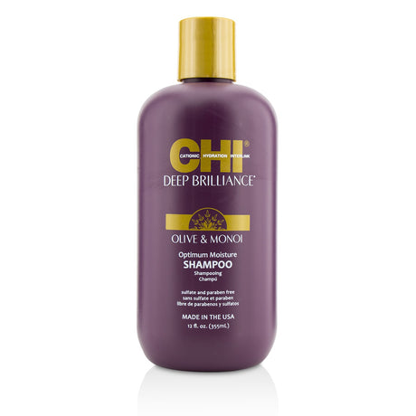 CHI Deep Brilliance Olive & Monoi Shampoo bottle, 355ml, designed for moisturizing and repairing fine, chemically-treated hair.