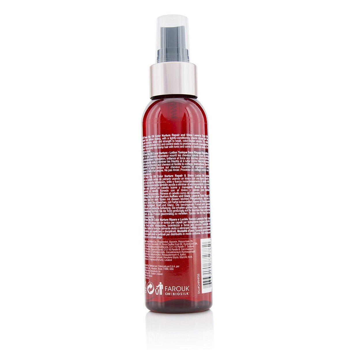 CHI Rose Hip Oil Leave-In Tonic, 118ml, rejuvenates color-treated hair, adds shine, controls frizz, and strengthens strands.