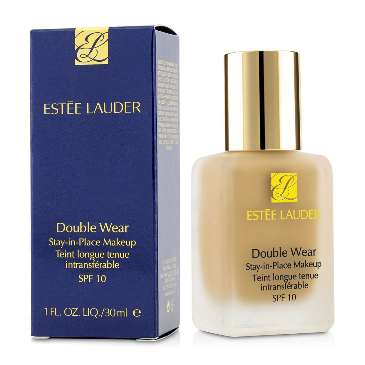 Estee Lauder Double Wear Foundation No. 66 Cool Bone, offering medium coverage, semi-matte finish, and SPF 10 for sensitive skin.