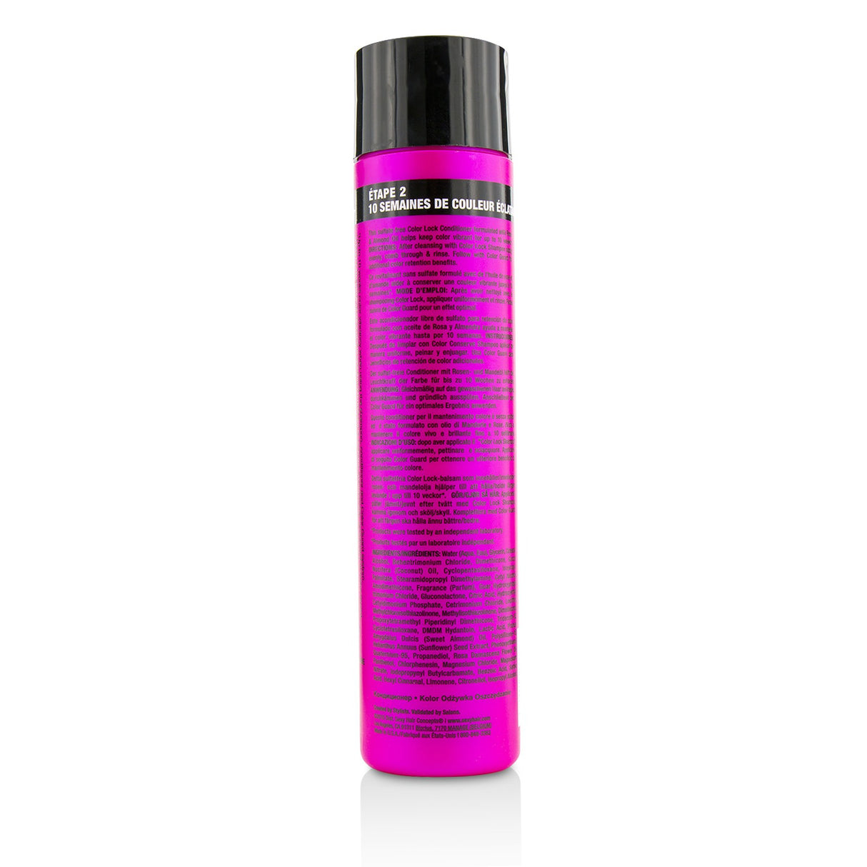 Color-lock conditioner with rose and almond oil for vibrant, healthy hair; soothes scalps and prevents breakage.