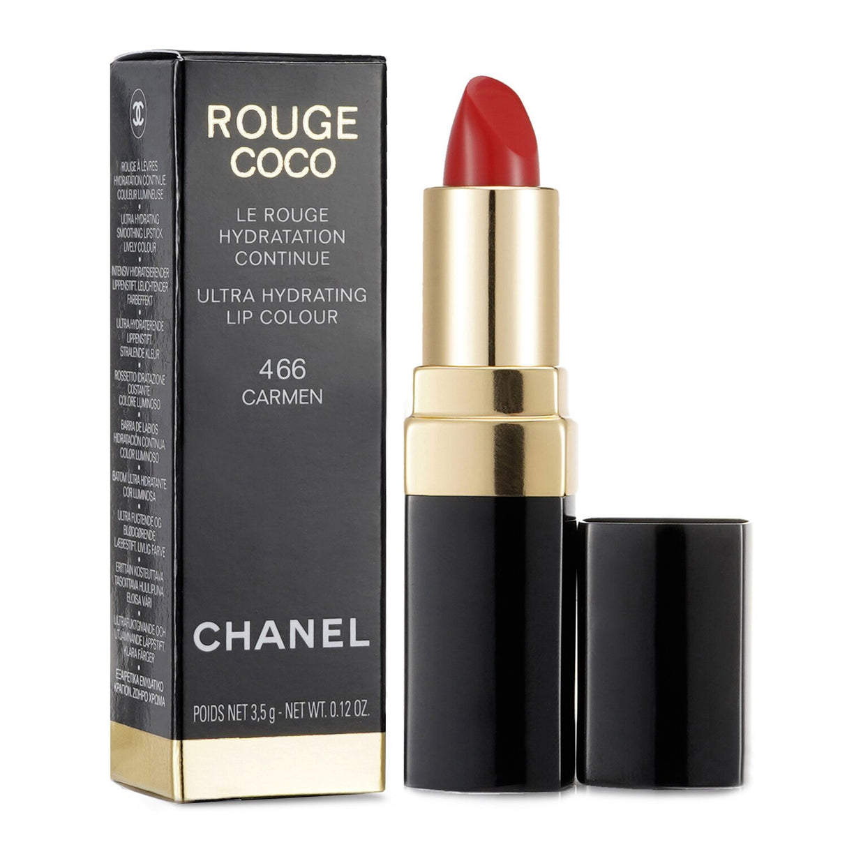 Chanel Rouge Coco Lip Colour #466 Carmen, a vibrant red lipstick with hydration and a luxurious finish, 3.5g.