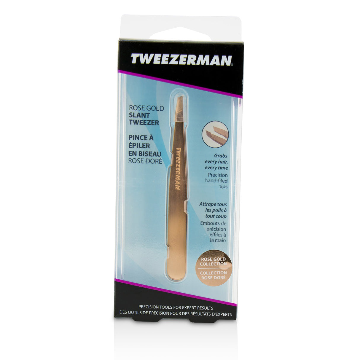 Rose gold Tweezerman slant tweezer with hand-filed stainless steel tips, perfect for precise hair removal and brow shaping.