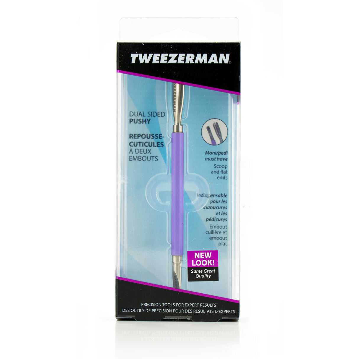 Tweezerman Dual Sided Pushy tool with contoured scoop and flat end for precise cuticle care and comfortable grip.