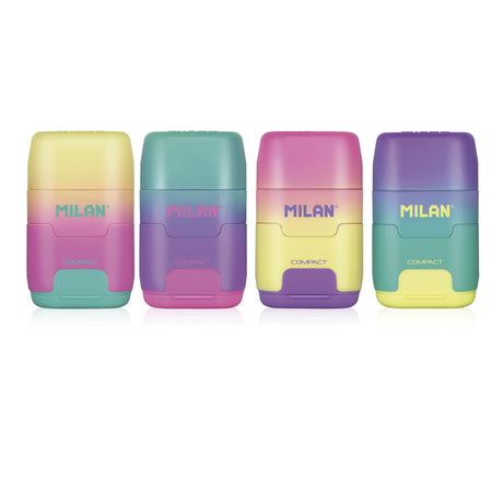 Milan Sunset Range set of 16 includes compact sharpeners and synthetic rubber erasers, perfect for pencil enthusiasts.