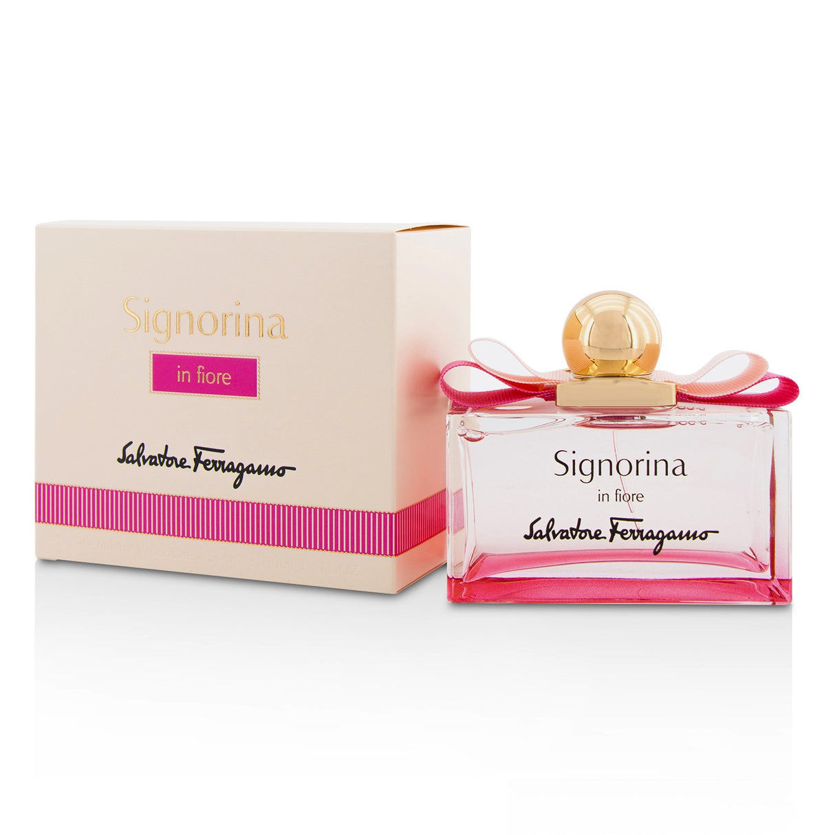 Salvatore Ferragamo Signorina In Fiore Eau De Toilette, 100ml, features floral notes of pear, cherry blossom, and musk for a romantic scent.