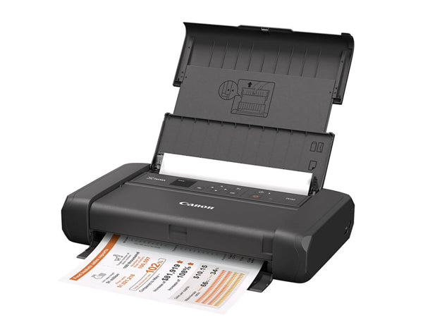 Compact Canon Pixma TR150 portable inkjet printer with battery, featuring wireless connectivity and high-quality photo printing.