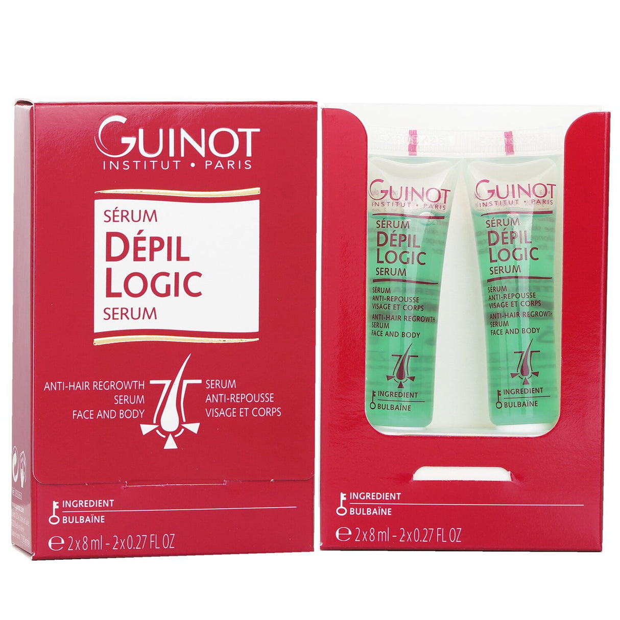 Guinot Depil Logic Anti Hair Regrowth Serum in 2x8ml tubes, designed to slow hair regrowth and soothe skin post-removal.