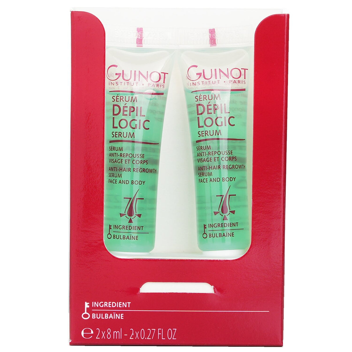 Guinot Depil Logic Anti Hair Regrowth Serum in two 8ml tubes, designed to slow hair regrowth and soothe skin post-hair removal.