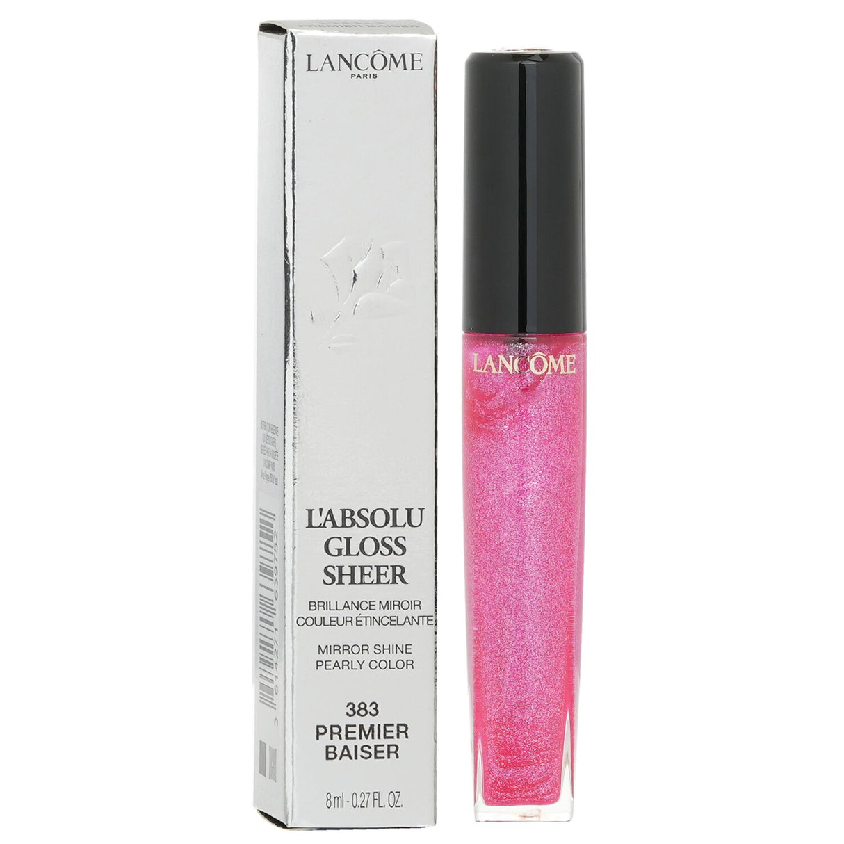 L'Absolu Gloss Sheer #383 Premier Baiser - 8ml glossy liquid lipstick with sheer color and 3D shine, non-sticky formula.