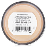 Light Beige matte foundation with SPF15, provides flawless coverage and improves skin over time for a glowing complexion.