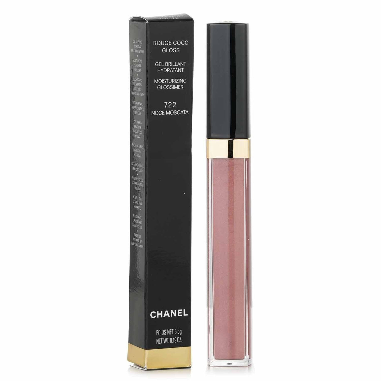 Chanel Rouge Coco Gloss in #722 Noce Moscata, a moisturizing, non-sticky gloss for a plump, luminous lip finish.