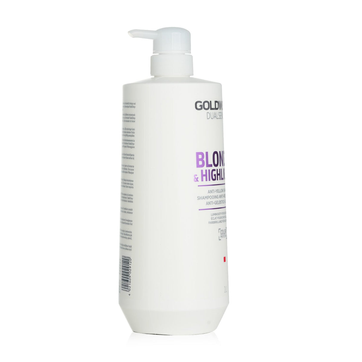 Goldwell Dual Senses Anti-Yellow Shampoo for blonde hair, removes yellow tones and residue, enhances color vibrancy and shine.