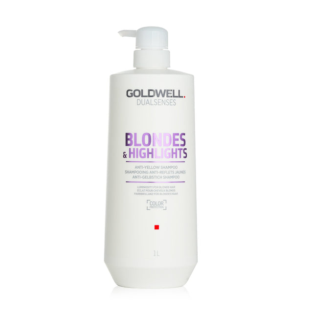 Goldwell Anti-Yellow Shampoo for blonde hair, 1000ml, removes yellow tones, nourishes, and maintains vibrant color.