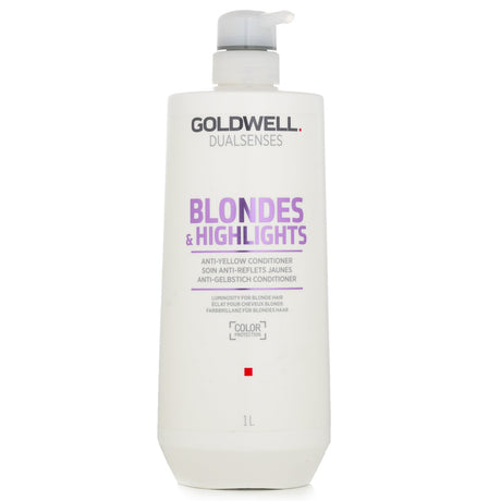 Goldwell Dual Senses Anti-Yellow Conditioner enhances and protects blonde hair, neutralizing yellow tones for vibrant luminosity.