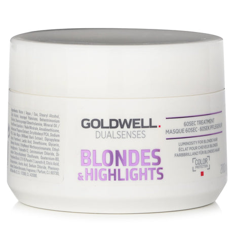 Goldwell Dual Senses 60SEC Treatment for blonde hair, restoring vibrancy and shine while neutralizing yellow tones.