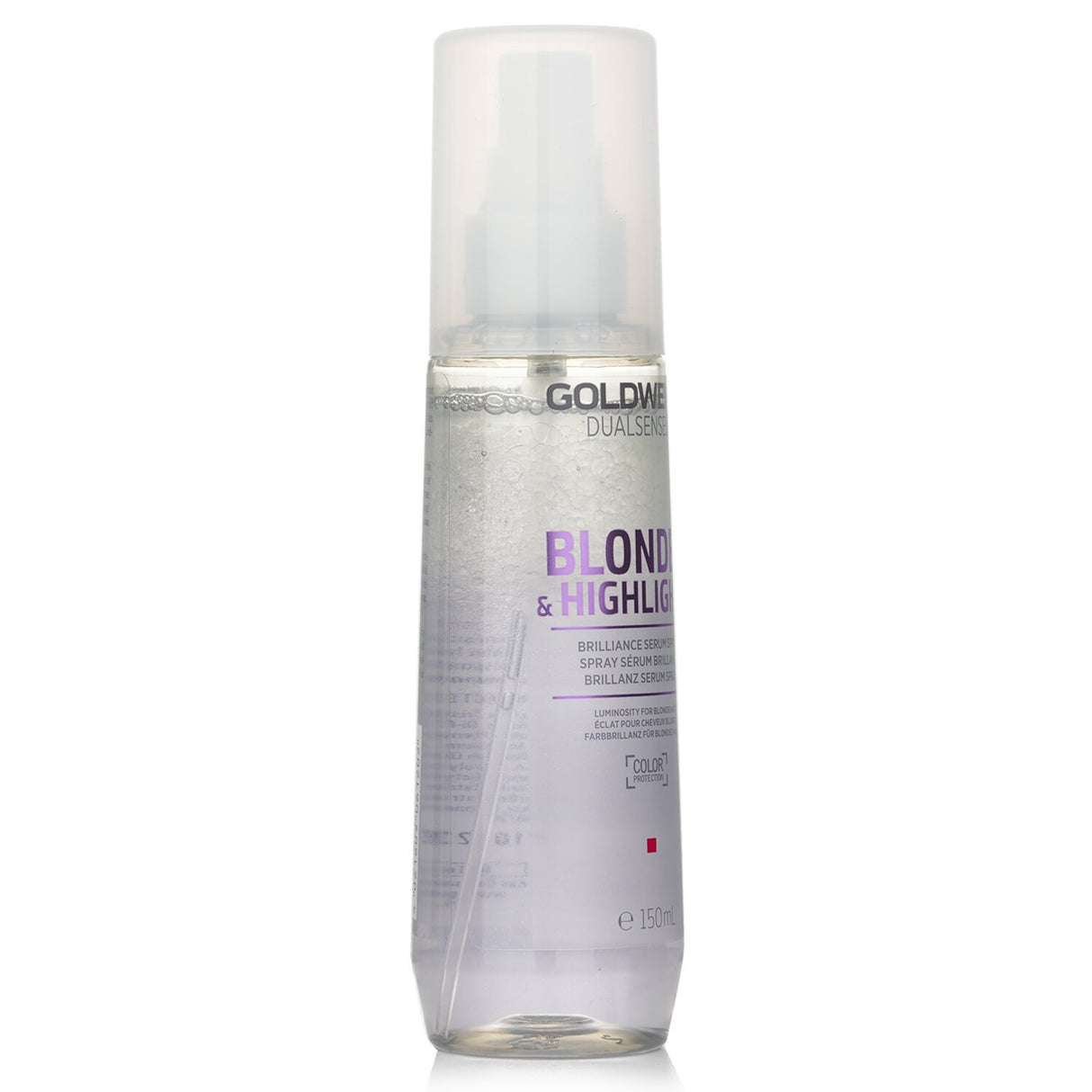 Goldwell Dual Senses Blondes & Highlights Brilliance Serum Spray in 150ml enhances blonde hair's luminosity and protects color vibrancy.