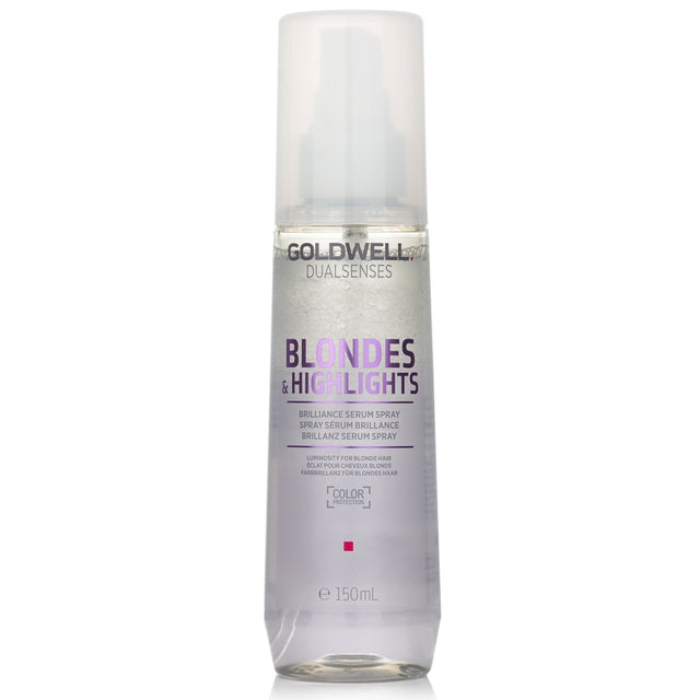 Goldwell Dual Senses Brilliance Serum Spray enhances blonde hair with color protection, luminosity, and lightweight conditioning.