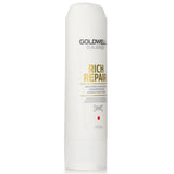 Goldwell Dual Senses Rich Repair Conditioner revitalizes damaged hair with Intra Lipid Complex for softness, shine, and color protection.