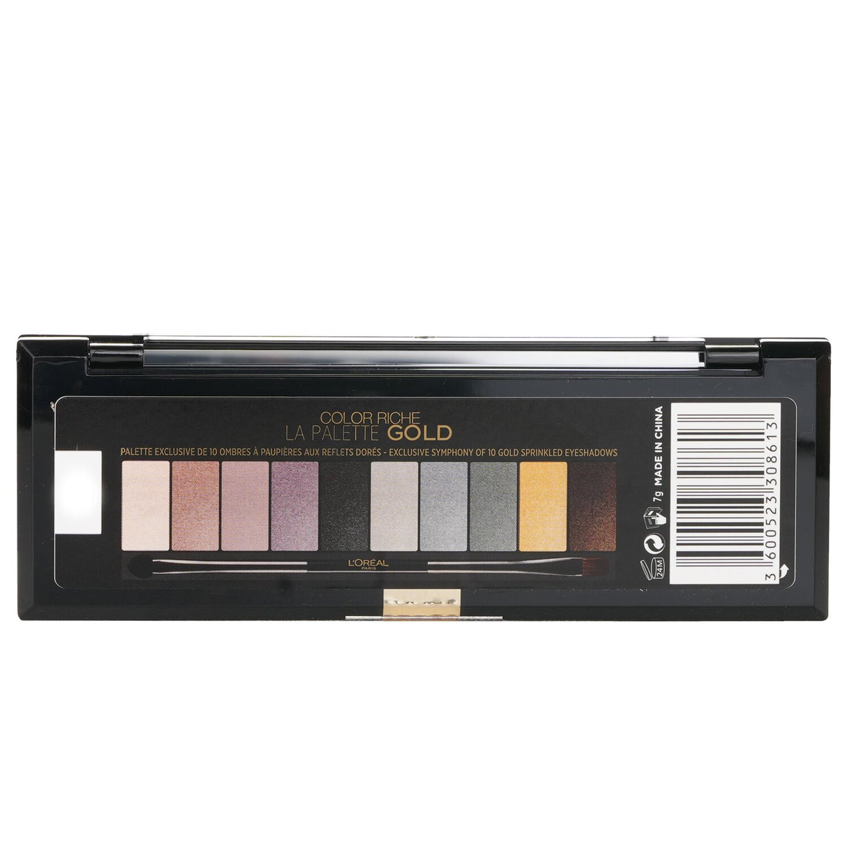 L'Oreal Color Riche Eyeshadow Palette in Gold featuring ten luxurious shades for versatile eye looks, elegantly packaged in black box.