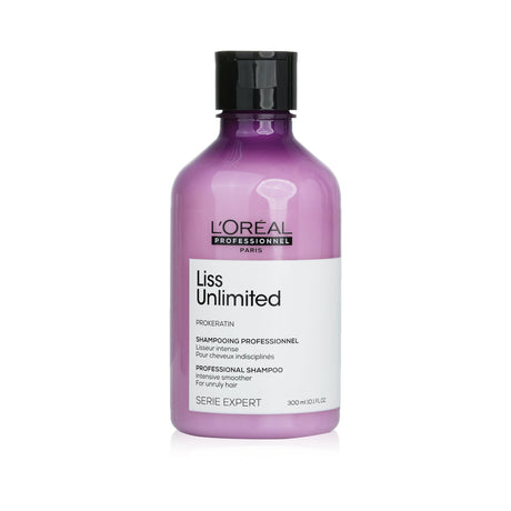 L'Oreal Professionnel Liss Unlimited Smoothing Shampoo for frizz-free, hydrated, and manageable hair with Pro-Keratin complex.