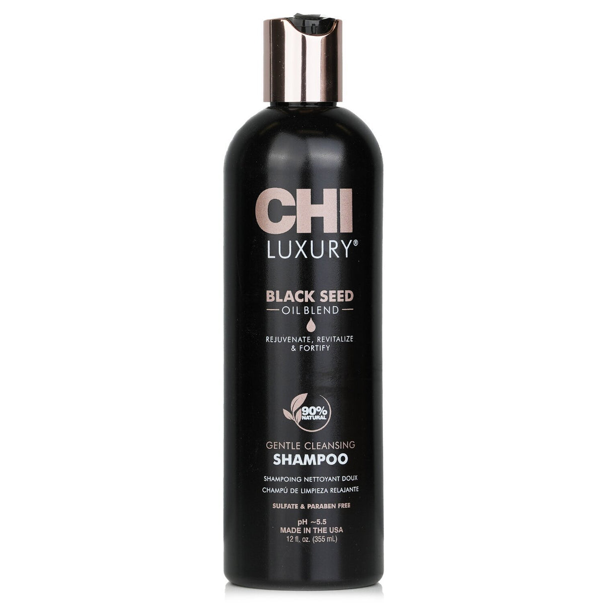 CHI Luxury Black Seed Oil Gentle Cleansing Shampoo in a 355ml bottle, designed to nourish and cleanse all hair types effectively.