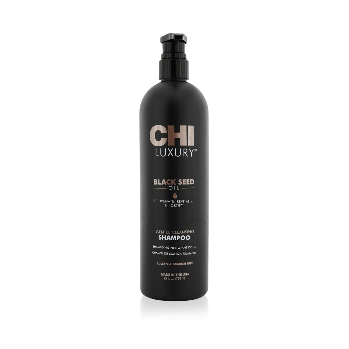 Nourishing shampoo with black seed oil for cleansing, volume, and shiny, revitalized hair in a 739ml bottle.