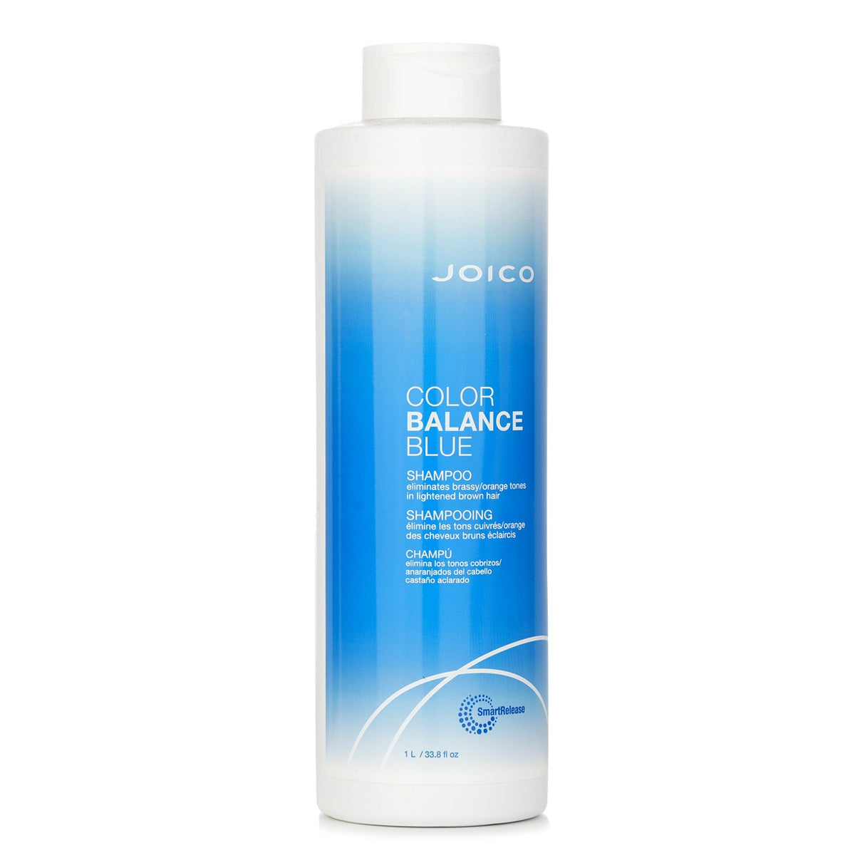 Joico Color Balance Blue Shampoo in a 1000ml bottle, eliminating brassy tones for vibrant lightened brown hair.