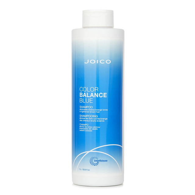 Joico Color Balance Blue Shampoo in a 1000ml bottle, eliminating brassy tones for vibrant lightened brown hair.