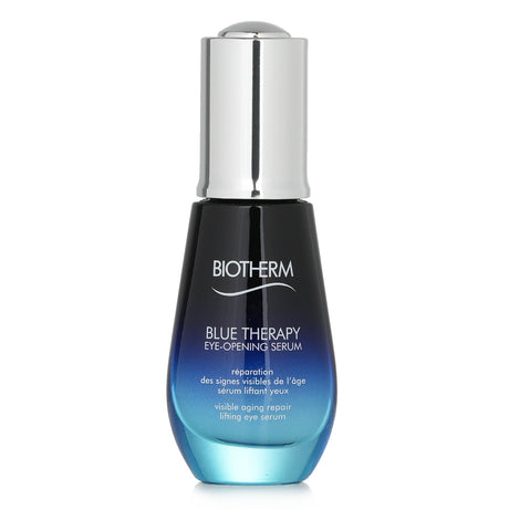 Blue Therapy Eye-Opening Serum with pearl applicator for cooling effect, reduces wrinkles and under-eye bags for youthful eyes.