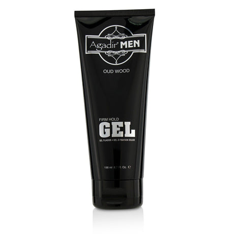 Agadir Men Oud Wood Firm Hold Gel in 198ml bottle, features non-tacky formula with Argan Oil for all-day styling and shine.