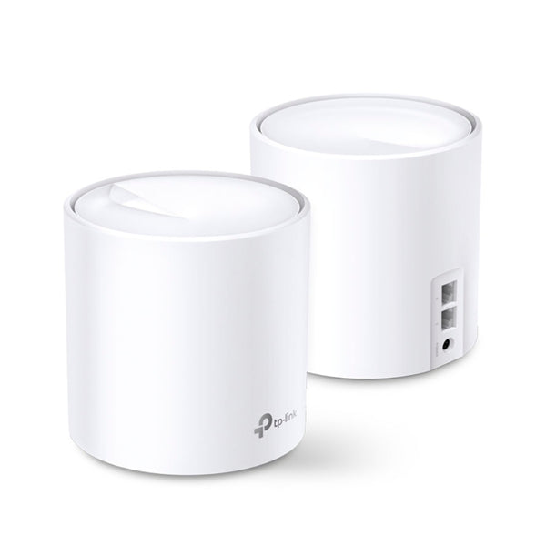 TP-Link Deco X20 Wi-Fi 6 Mesh system, featuring dual units for extensive coverage, high speed, and secure connections.