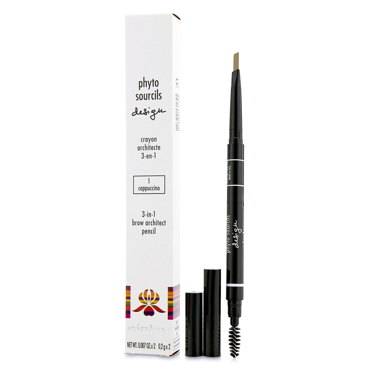 Sisley Phyto Sourcils 3 In 1 Brow Pencil in #1 Cappuccino, featuring a triangular tip, brush, and skincare benefits for perfect brows.