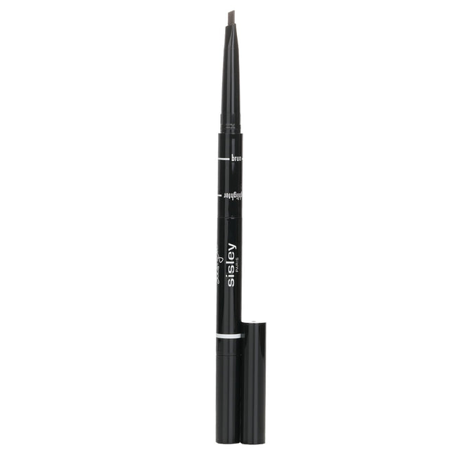 Sisley 3-in-1 brow pencil in #3 Brun with triangular tip, grooming brush, and highlighter for perfectly sculpted brows.