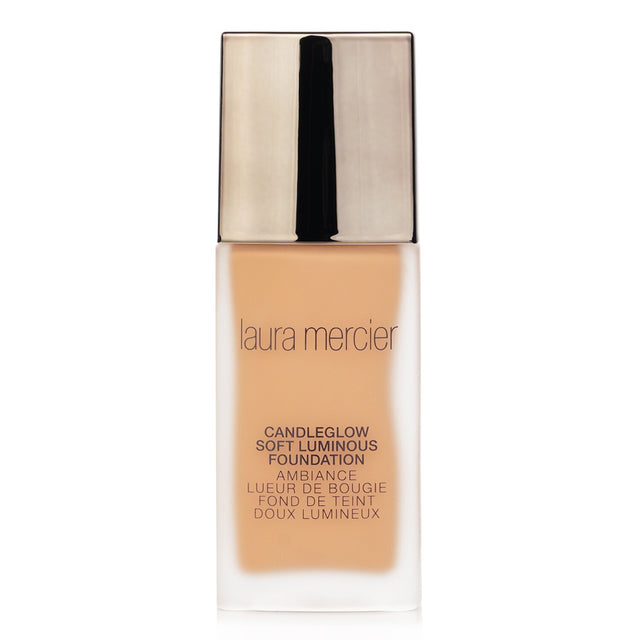 Laura Mercier Candleglow Foundation #Praline, a lightweight liquid with Radiant-Pearl Mica for a luminous, natural finish.