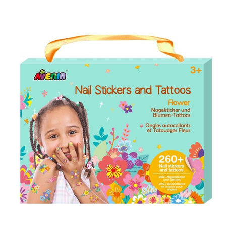 Colorful nail stickers and tattoos with over 260 floral designs, perfect for kids aged 5 and up to express their creativity.