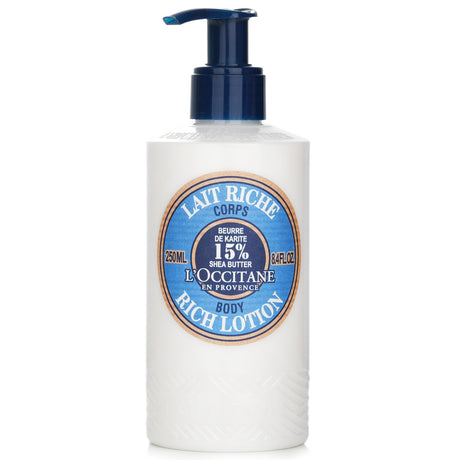 L'Occitane Shea Butter Rich Body Lotion: creamy, 15% shea butter formula for hydrating dry skin, with jasmine and ylang-ylang scent.