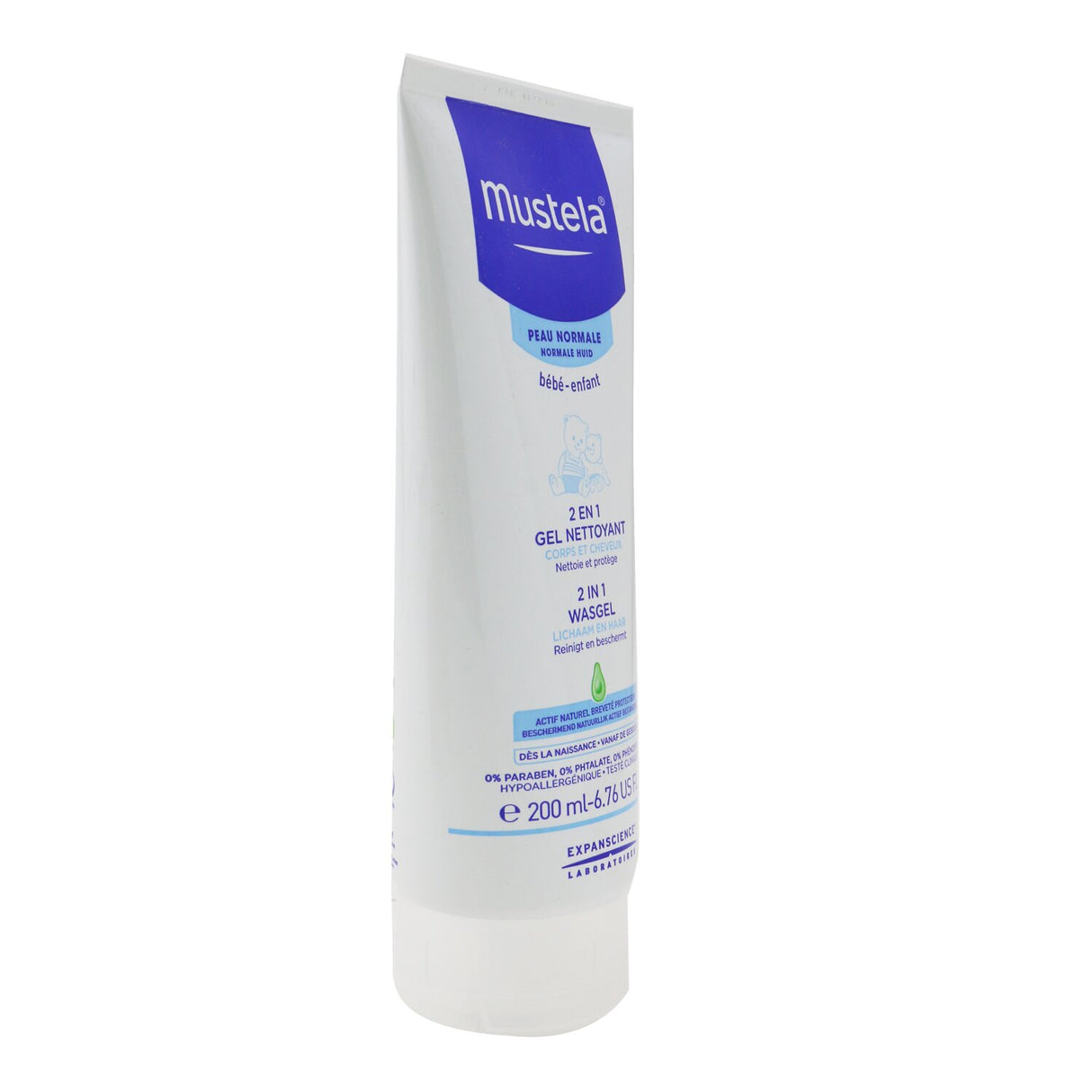 Mustela 2 In 1 Body & Hair Cleansing Gel for normal skin, 200ml, gentle formula for babies, with Avocado Perseose for hydration.