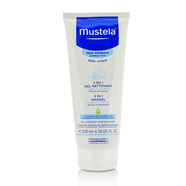 Mustela 2 In 1 Body & Hair Cleansing Gel for normal skin, 200ml; gentle, tear-free formula for babies and children.