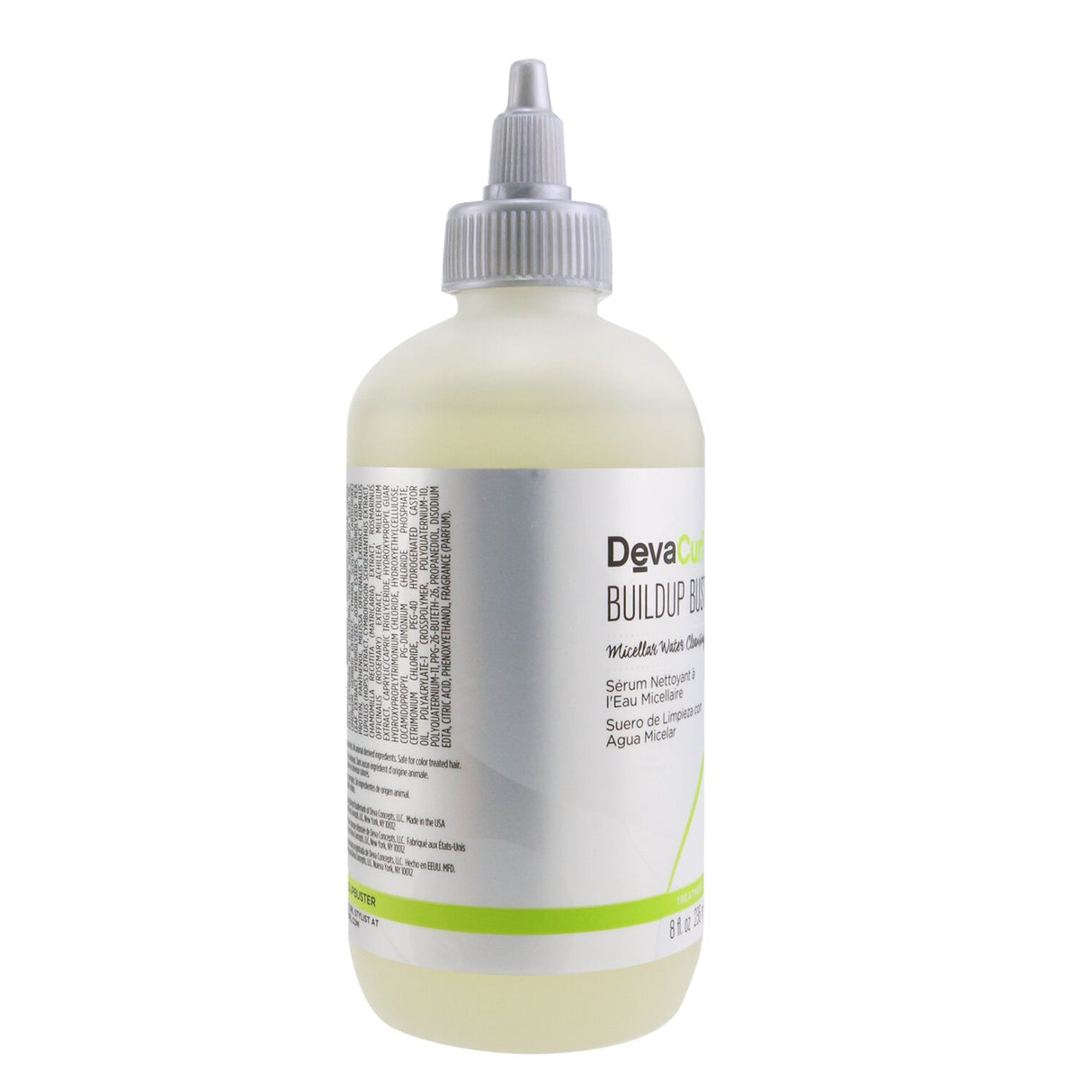 DevaCurl Buildup Buster cleansing serum, ideal for all curl types, removes buildup while hydrating curls with a refreshing scent.